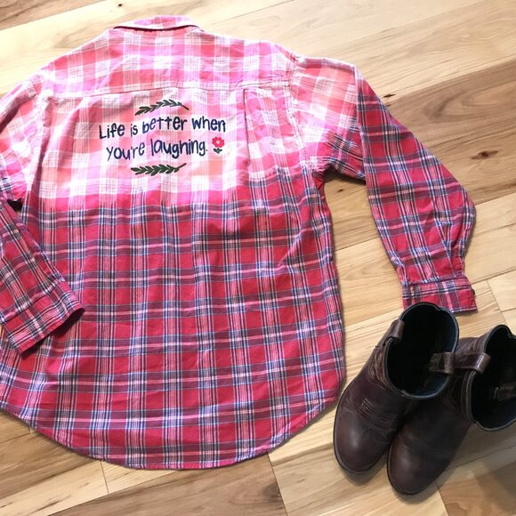 Bleached Plaid Upcycled Shirt: Plus Size Western Top with Inspirational Quote - Picture 10 of 11
